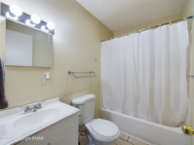 full bath featuring shower / tub combo with curtain, toilet, a textured ceiling, vanity, and tile patterned flooring