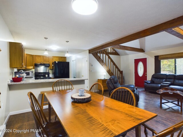 dining area with vaulted ceiling with beams, stairs, baseboards, and dark wood-style flooring