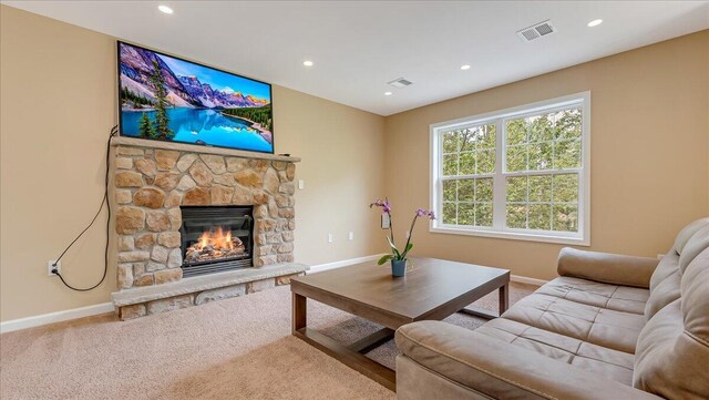 4580 Briarcliff Ter, Tobyhanna, PA 18466 - carpeted living room featuring a fireplace and recessed lighting