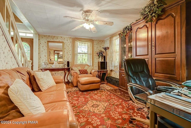 7714 Cherry Valley Rd, Delaware Water Gap, PA 18327 - home office featuring a ceiling fan and wallpapered walls