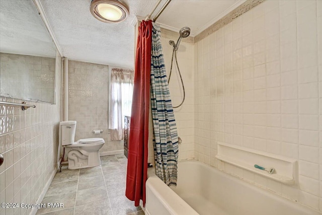 7714 Cherry Valley Rd, Delaware Water Gap, PA 18327 - full bath with a textured ceiling, toilet, shower / tub combo, tile walls, and tile patterned floors