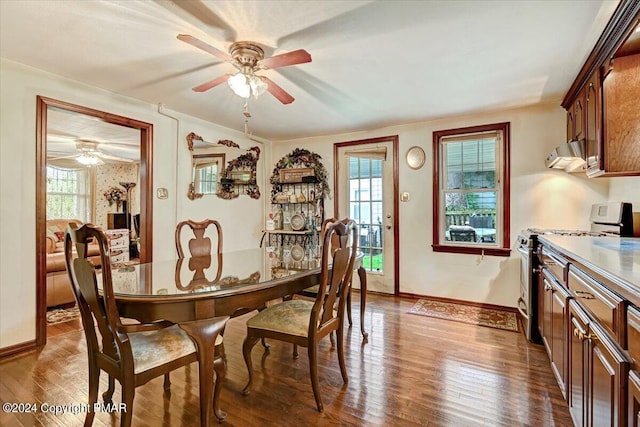 7714 Cherry Valley Rd, Delaware Water Gap, PA 18327 - dining area with dark wood-type flooring, baseboards, and a ceiling fan
