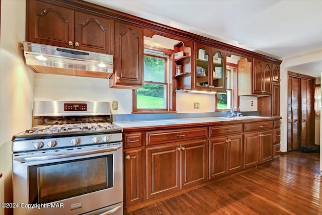 7714 Cherry Valley Rd, Delaware Water Gap, PA 18327 - kitchen with dark wood-style flooring, light countertops, under cabinet range hood, a sink, and gas stove
