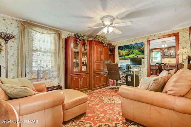 7714 Cherry Valley Rd, Delaware Water Gap, PA 18327 - living area featuring crown molding, ceiling fan, and wallpapered walls