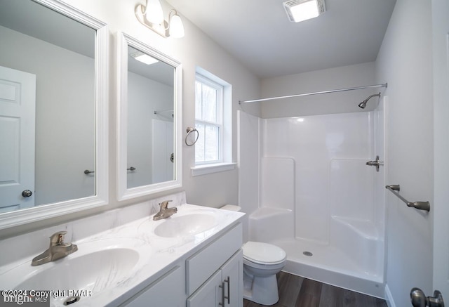 full bathroom featuring double vanity, a sink, toilet, and walk in shower