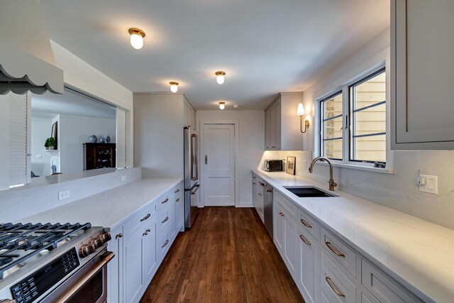 kitchen featuring light stone countertops, stainless steel appliances, dark wood-type flooring, and a sink