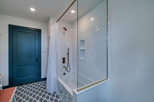 full bathroom featuring shower / bath combination with curtain and recessed lighting