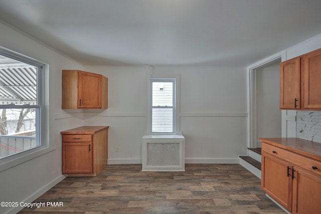 kitchen with tasteful backsplash, brown cabinets, dark wood finished floors, and baseboards