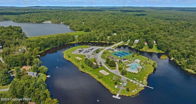 birds eye view of property with a water view and a wooded view