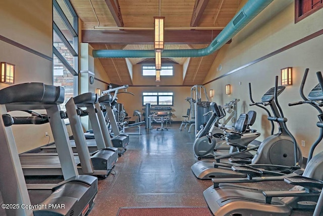 gym with wooden ceiling and vaulted ceiling