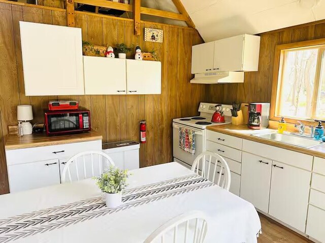 174 Bushkill Dr, Pocono Lake, PA 18347 - kitchen with white electric range oven, wooden walls, under cabinet range hood, vaulted ceiling, and black microwave