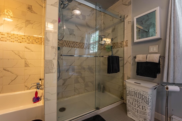 9 Hickory Dr, East Stroudsburg, PA 18301 - bathroom with tiled shower, a bathtub, and tile patterned floors