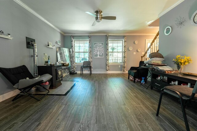 9 Hickory Dr, East Stroudsburg, PA 18301 - living area with wood finished floors, stairway, ceiling fan, and ornamental molding