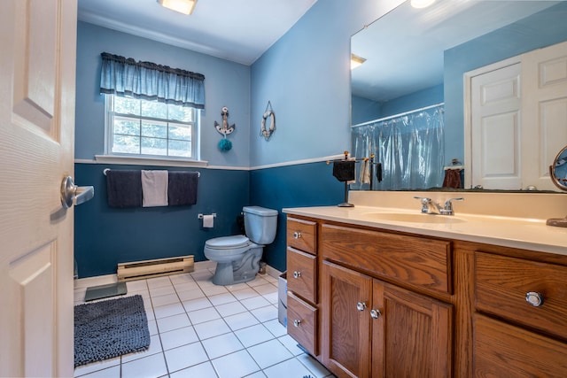 9 Hickory Dr, East Stroudsburg, PA 18301 - bathroom with a baseboard radiator, vanity, tile patterned floors, and curtained shower