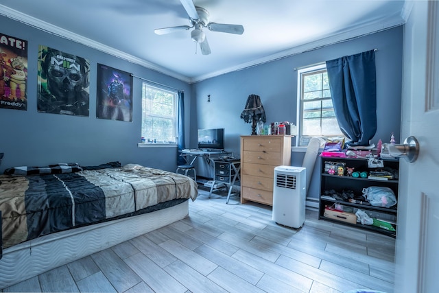 9 Hickory Dr, East Stroudsburg, PA 18301 - bedroom with multiple windows, ornamental molding, wood finished floors, and a ceiling fan