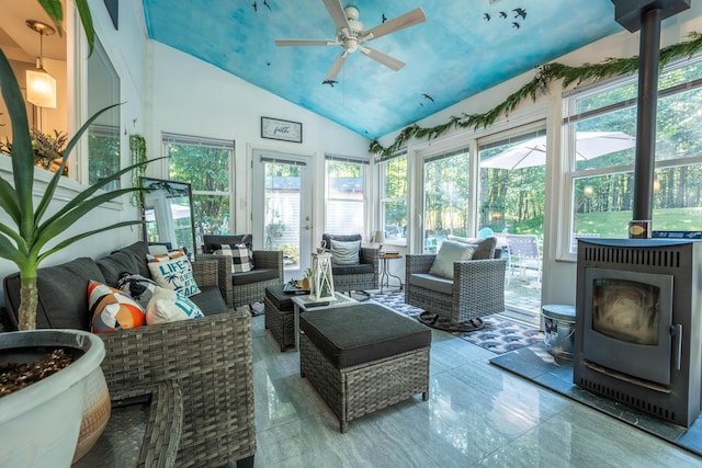 9 Hickory Dr, East Stroudsburg, PA 18301 - sunroom featuring a wood stove, vaulted ceiling, and marble finish floors