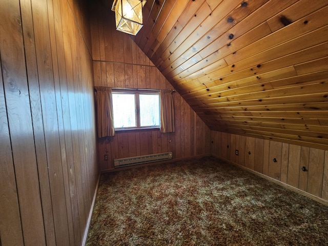 130 Michigana Dr, Pocono Lake, PA 18347 - additional living space featuring wood ceiling, baseboard heating, wood walls, lofted ceiling with skylight, and carpet flooring