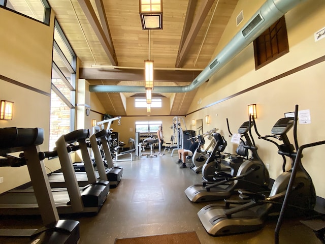 130 Michigana Dr, Pocono Lake, PA 18347 - gym featuring visible vents, wood ceiling, and vaulted ceiling