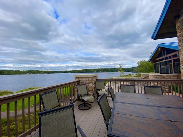 130 Michigana Dr, Pocono Lake, PA 18347 - wooden deck featuring outdoor dining area and a water view
