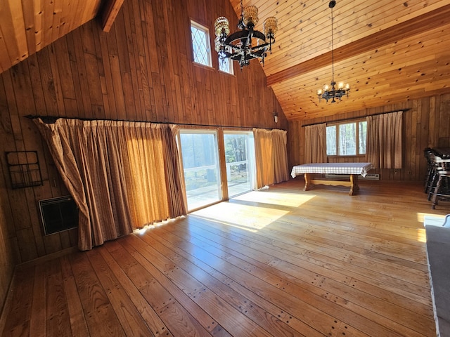 130 Michigana Dr, Pocono Lake, PA 18347 - game room featuring high vaulted ceiling, a notable chandelier, wood walls, and beam ceiling