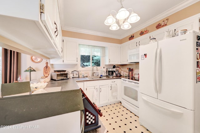 kitchen with ornamental molding, a sink, white appliances, an inviting chandelier, and white cabinets