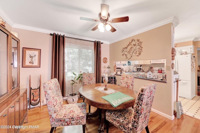 dining space featuring crown molding, light wood-style floors, and ceiling fan