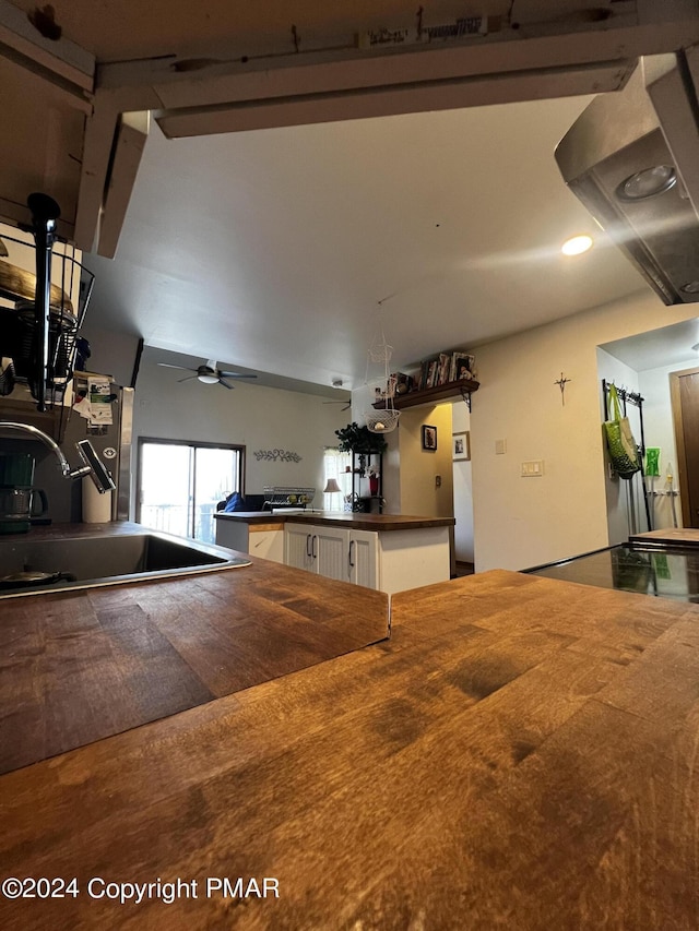 kitchen with ceiling fan, white cabinetry, and a sink