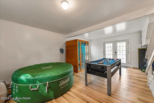 recreation room with light wood-type flooring and french doors