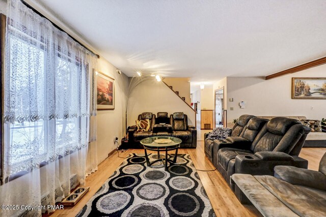 living room with plenty of natural light and light hardwood / wood-style floors