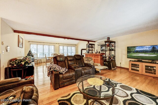 dining space with vaulted ceiling, a wood stove, a wealth of natural light, and light wood-type flooring