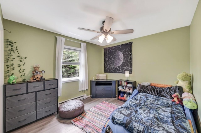 5117 Hounds Ear Rd, Tobyhanna, PA 18466 - bedroom with baseboard heating, wood finished floors, and a ceiling fan
