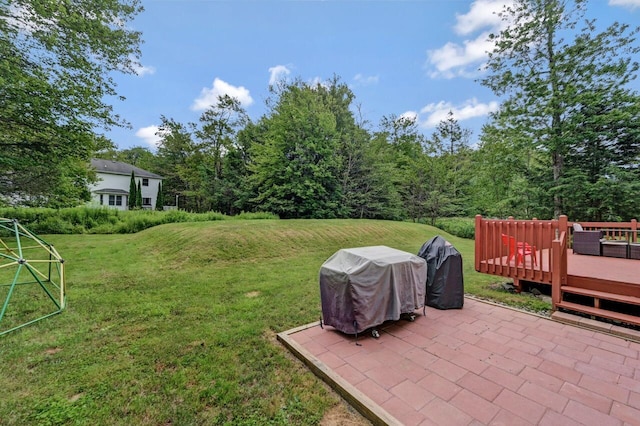 5117 Hounds Ear Rd, Tobyhanna, PA 18466 - view of grassy yard with a patio area and a wooden deck
