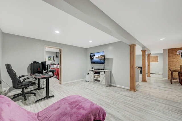 5117 Hounds Ear Rd, Tobyhanna, PA 18466 - office area with light wood-style flooring, recessed lighting, and a baseboard radiator