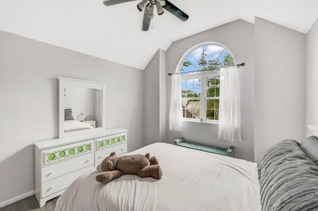 5117 Hounds Ear Rd, Tobyhanna, PA 18466 - bedroom featuring vaulted ceiling, ceiling fan, and wood finished floors
