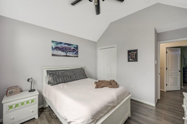 5117 Hounds Ear Rd, Tobyhanna, PA 18466 - bedroom with lofted ceiling, wood finished floors, a closet, and ceiling fan