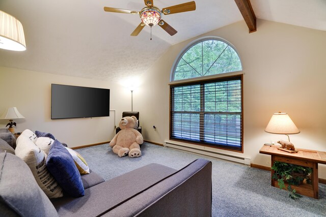 203 Wyomissing Dr, Pocono Lake, PA 18347 - bedroom with a baseboard heating unit, carpet floors, baseboards, and a ceiling fan