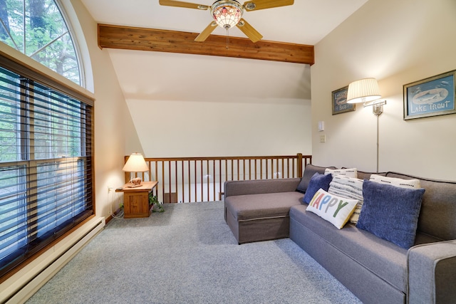 203 Wyomissing Dr, Pocono Lake, PA 18347 - living area featuring a baseboard heating unit, beam ceiling, a ceiling fan, and carpet floors