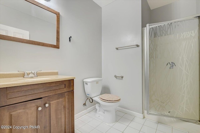 bathroom with a shower with shower curtain, vanity, toilet, and tile patterned flooring