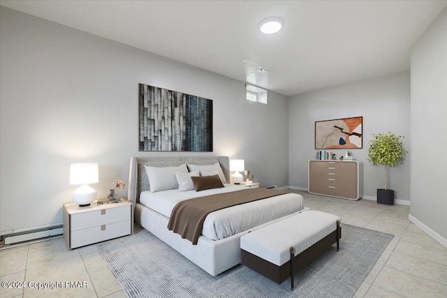 tiled bedroom featuring a baseboard radiator