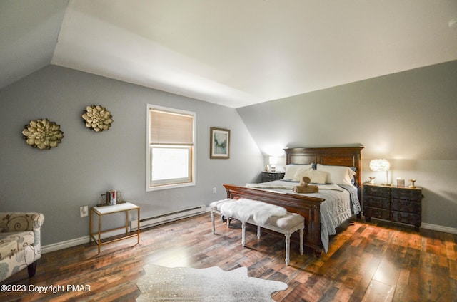 bedroom with lofted ceiling, baseboards, a baseboard heating unit, and wood finished floors