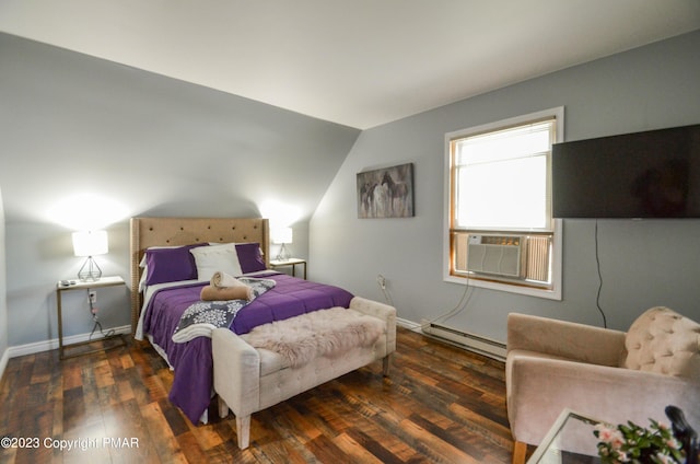 bedroom featuring lofted ceiling, cooling unit, wood finished floors, baseboards, and baseboard heating