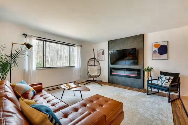 living area featuring a glass covered fireplace and wood finished floors