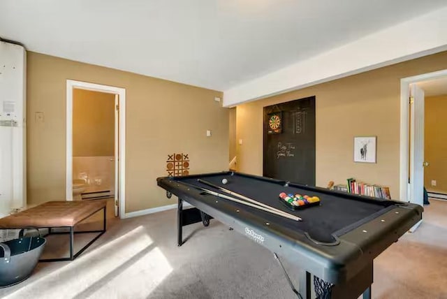 rec room with pool table, a baseboard radiator, baseboards, and carpet flooring