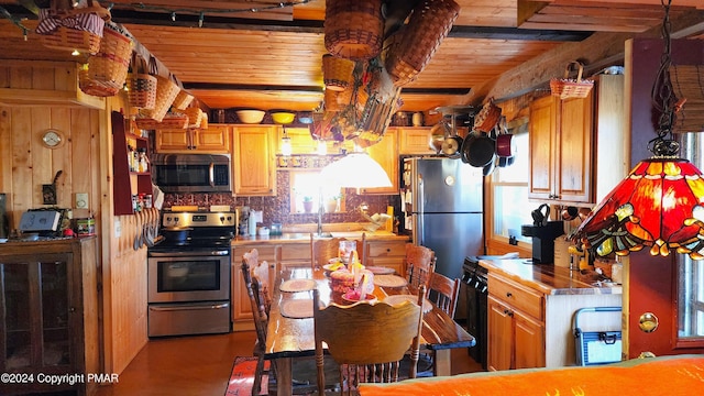 2124 Meadowlark Cir, Bushkill, PA 18324 - kitchen featuring stainless steel appliances, healthy amount of natural light, tasteful backsplash, and wood ceiling