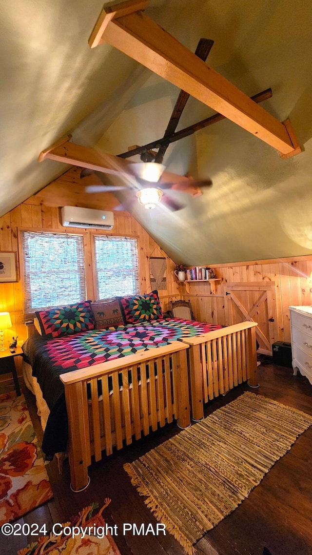 2124 Meadowlark Cir, Bushkill, PA 18324 - bedroom featuring wood walls, vaulted ceiling, a wall mounted AC, and wood finished floors