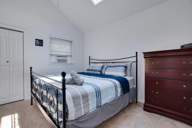 7042 Vista Dr, Tobyhanna, PA 18466 - bedroom featuring light colored carpet, cooling unit, a closet, and high vaulted ceiling