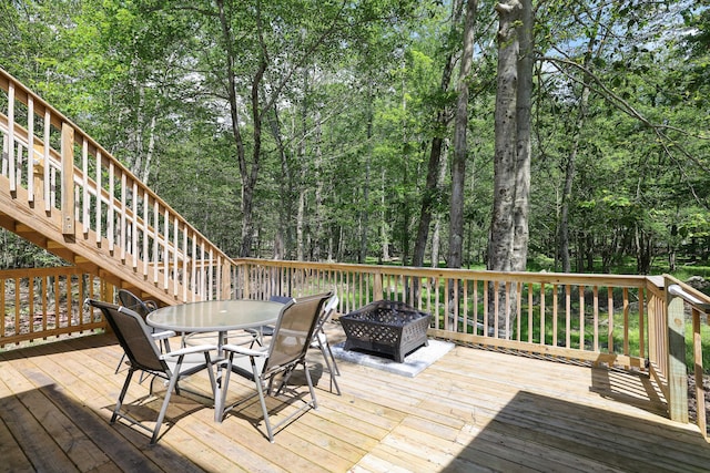 7042 Vista Dr, Tobyhanna, PA 18466 - wooden deck featuring a fire pit, stairway, and outdoor dining area