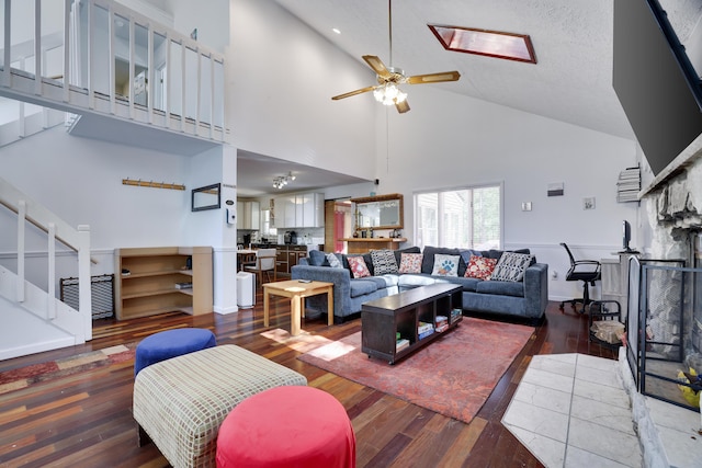 7042 Vista Dr, Tobyhanna, PA 18466 - living room featuring high vaulted ceiling, a ceiling fan, hardwood / wood-style floors, recessed lighting, and stairway
