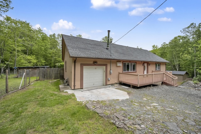 233 Vista Rd, Cresco, PA 18326 - rear view of house featuring stucco siding, roof with shingles, and a wooden deck
