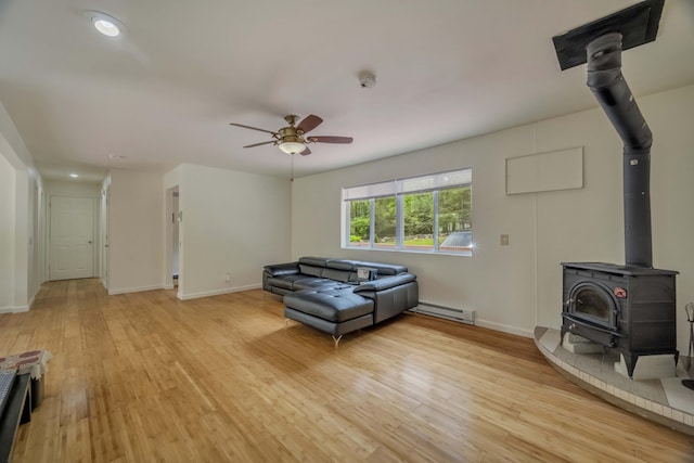 233 Vista Rd, Cresco, PA 18326 - living room featuring a baseboard heating unit, a wood stove, a ceiling fan, light wood finished floors, and recessed lighting